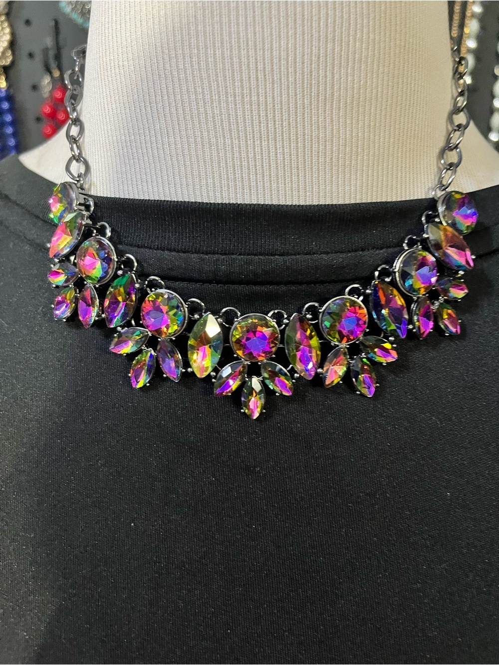 Iridescent Multi-Stone Statement Necklace - Rainbow Crystal Glam